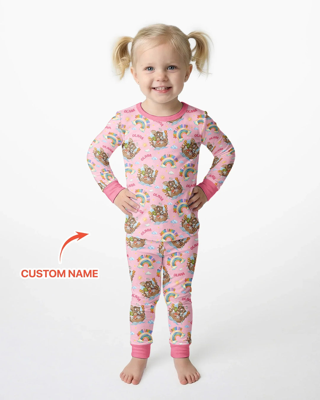 Custom Name Jesus Loves Me Noah's Ark Bamboo Two Piece Long Sleeve Pajama Set