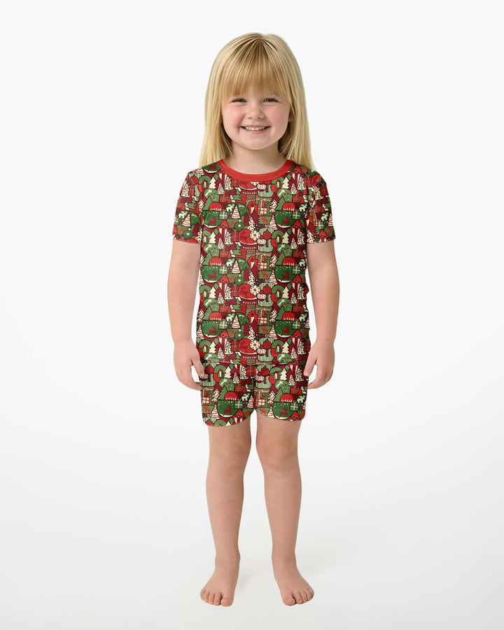 Christmas Time Mosaic Bamboo Two Piece Short Sleeve Shorts Pajama Set
