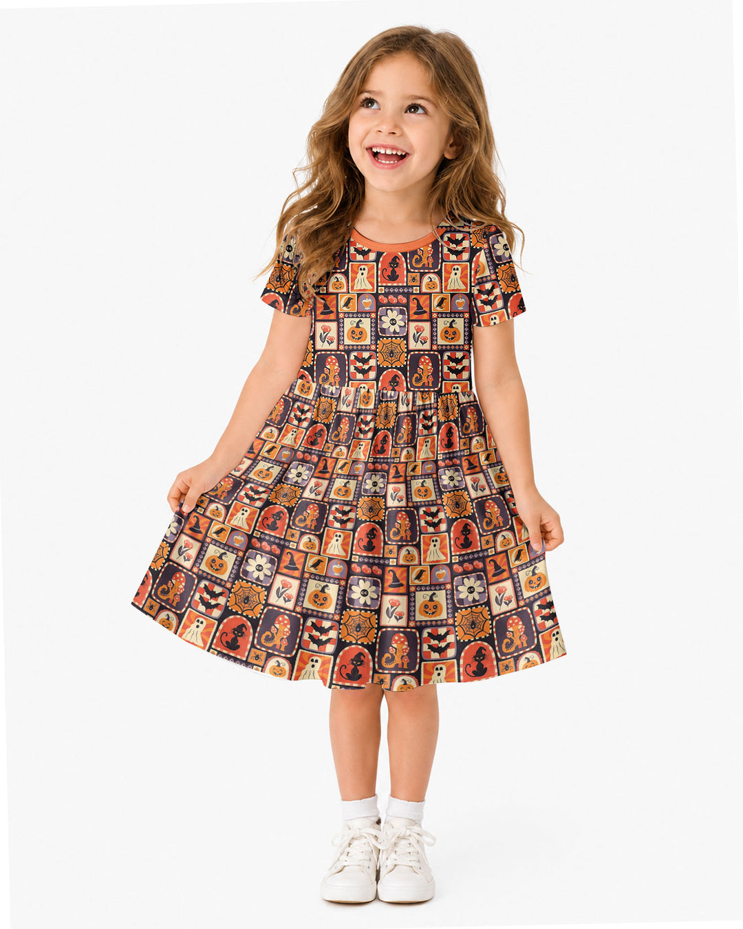 Retro Halloween Patchwork Icons Bamboo Twirl Dress