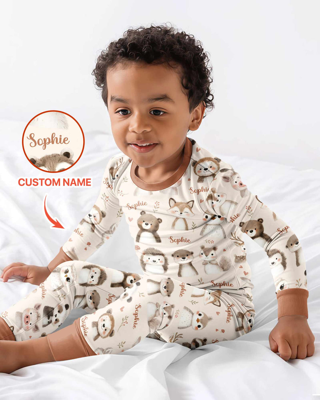 Custom Name Watercolor Woodland Bamboo Two Piece Long Sleeve Pajama Set
