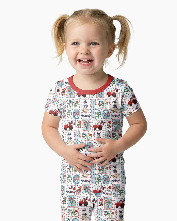 Pijama de dos piezas de bambú de manga corta a juego para la familia, diseño de ganso tonto, estilo patriótico de EE. UU.