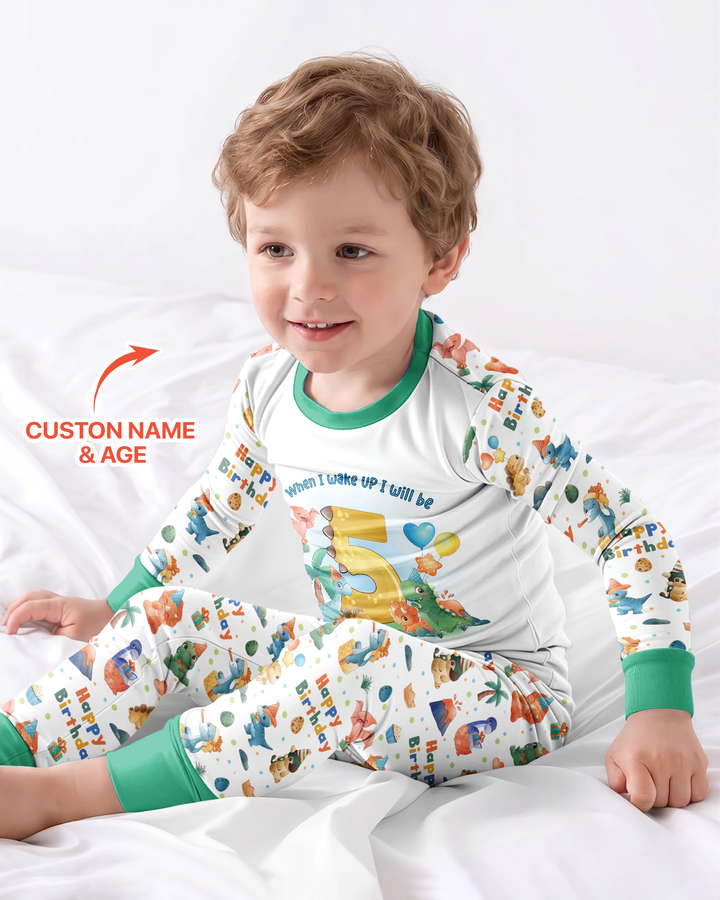 Custom Name When I Wake Up Birthday Dino Bamboo Two Piece Long Sleeve Pajama Set