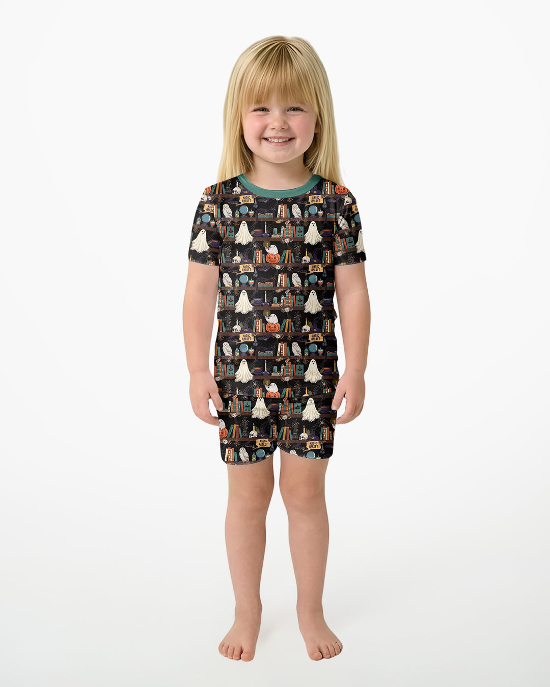 Cute Ghost Witchy Halloween Magic Library Bamboo Two Piece Short Sleeve Shorts Pajama Set
