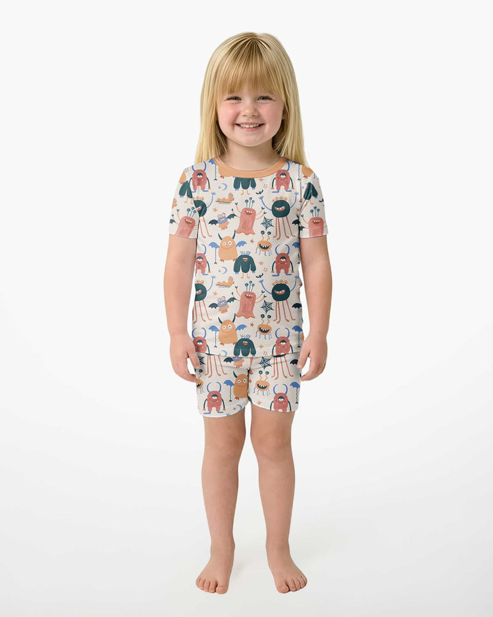 Monsters Fun Pastels Hand Painted Cute Bamboo Two Piece Short Sleeve Shorts Pajama Set