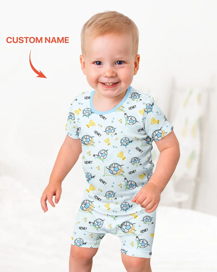 Conjunto de pijama de dos piezas de bambú a juego para papá futbolero, de manga corta y pantalones cortos, con nombre personalizado