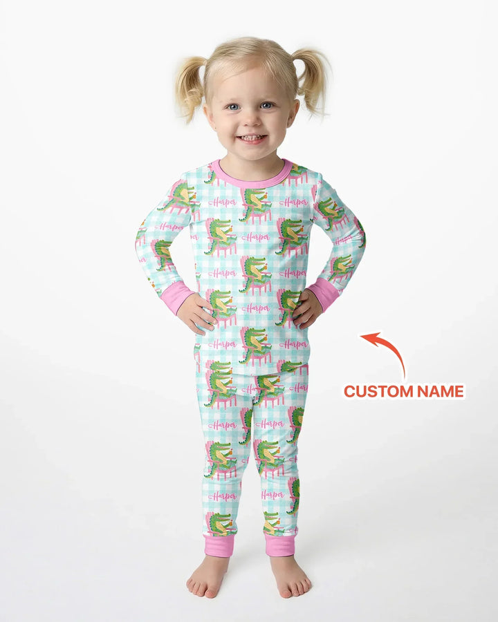 Custom Name Preppy Later Gator Bamboo Two Piece Long Sleeve Pajama Set