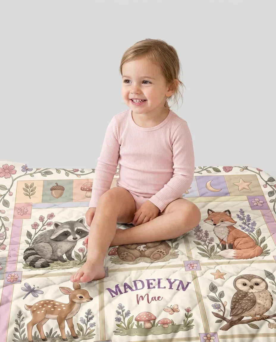 Custom Name Woodland Animal Bamboo Quilt Blanket