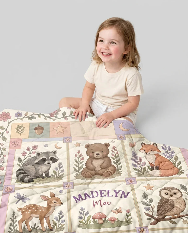 Custom Name Woodland Animal Bamboo Quilt Blanket