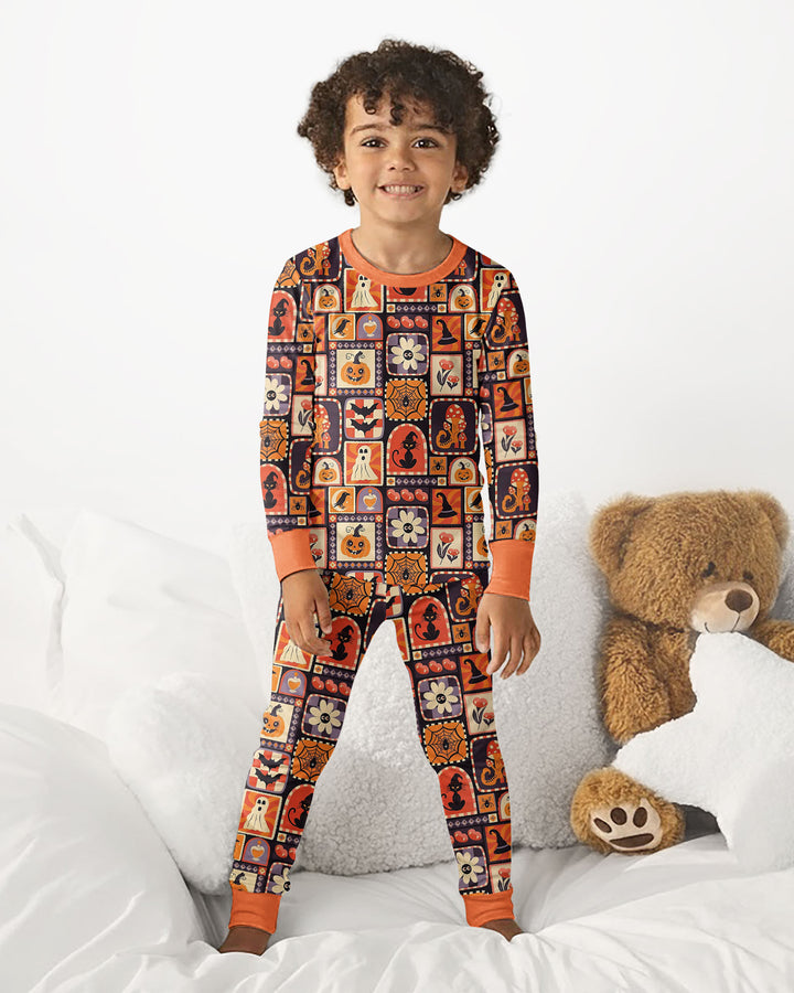 Retro Halloween Patchwork Icons Bamboo Two Piece Long Sleeve Pajama Set
