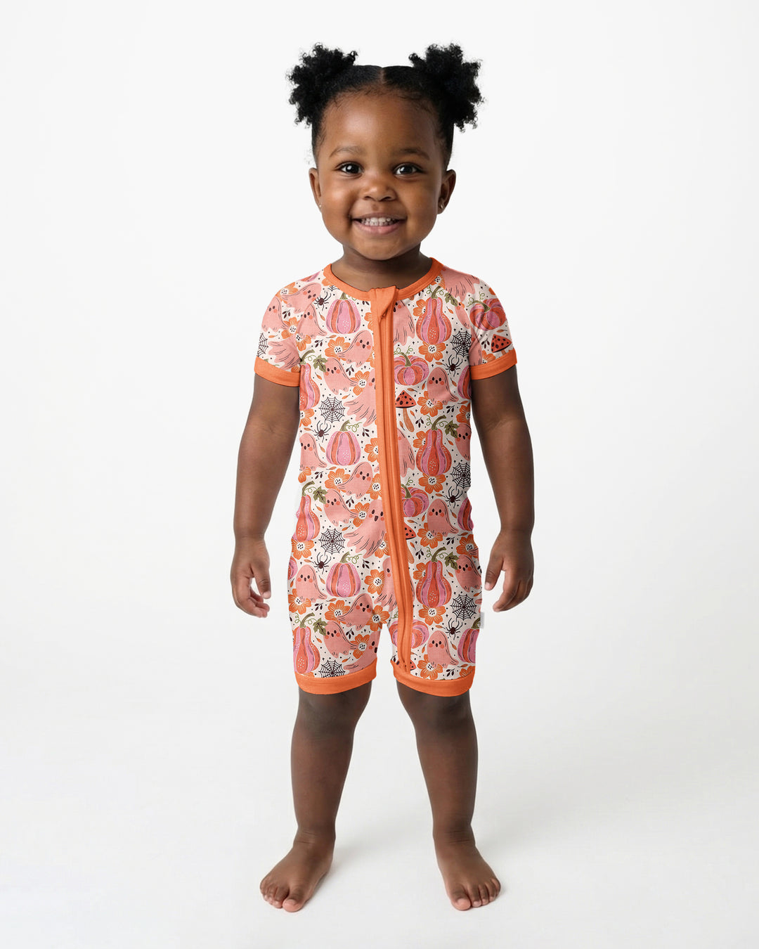 Pink Ghost Pumpkin Fall Floral Halloween Bamboo Shorty Zippy