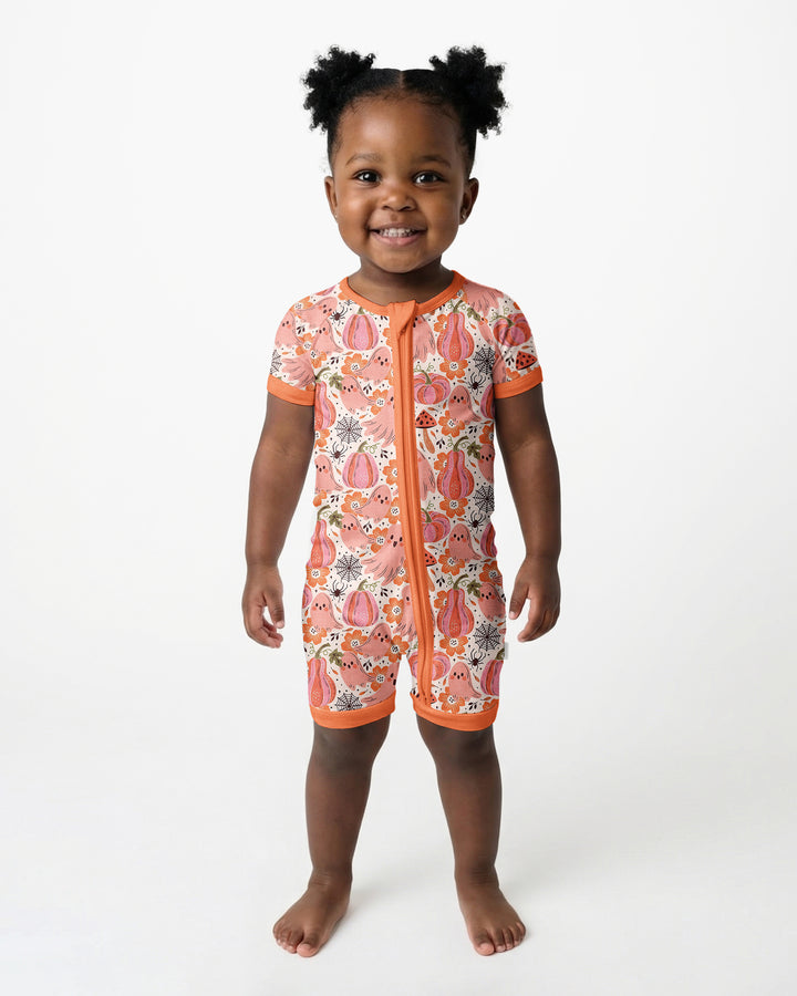 Pink Ghost Pumpkin Fall Floral Halloween Bamboo Shorty Zippy