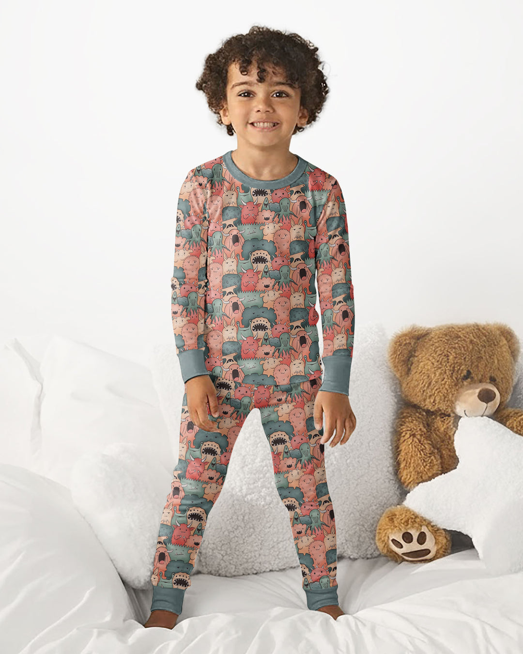 Cute Monster Crowd Bamboo Two Piece Long Sleeve Pajama Set