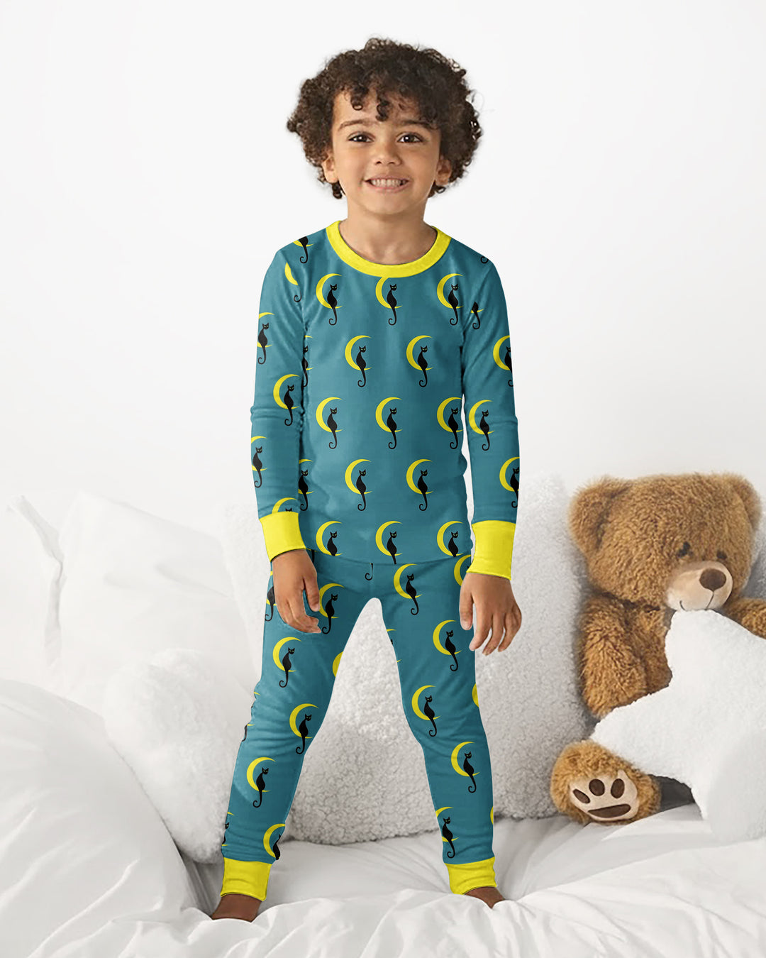 Black Cat Crescent Moon Celestial Night Bamboo Two Piece Long Sleeve Pajama Set