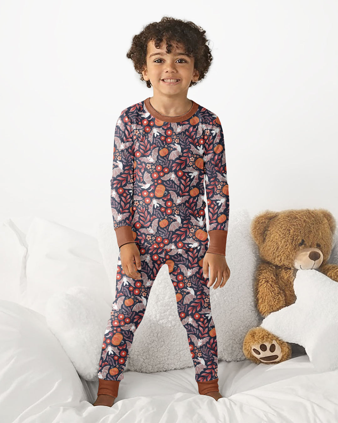 Bat Pumpkin Floral Halloween Bamboo Two Piece Long Sleeve Pajama Set