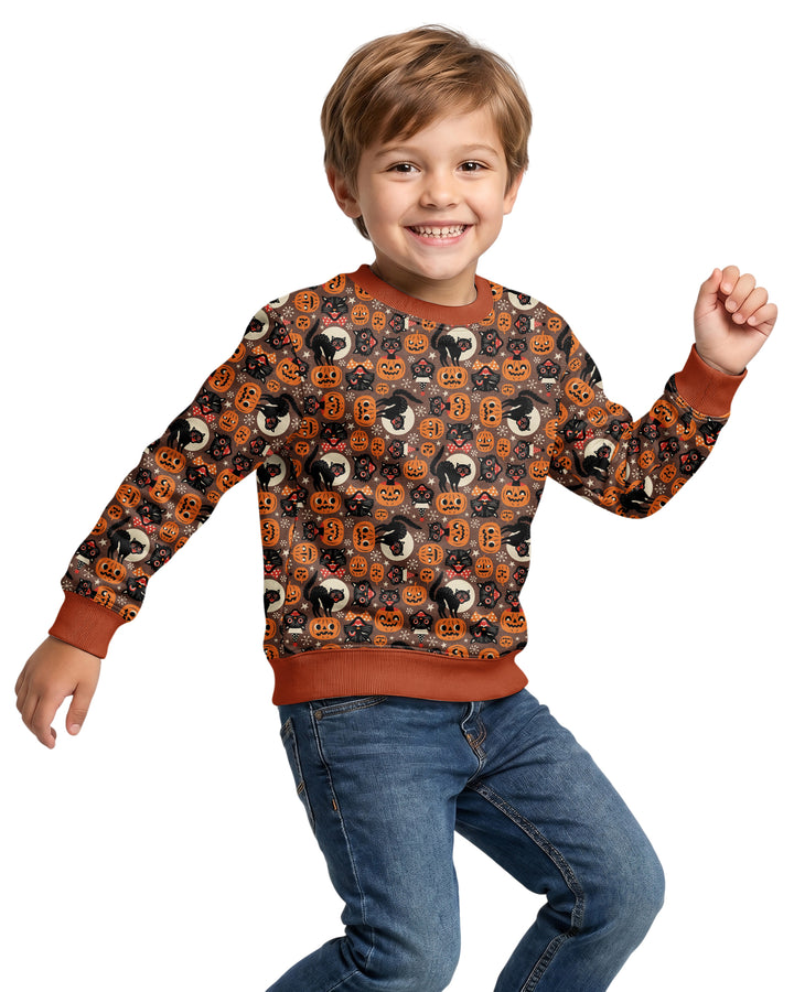Vintage Halloween Black Cat Pumpkin Bamboo Crewneck Sweatshirt