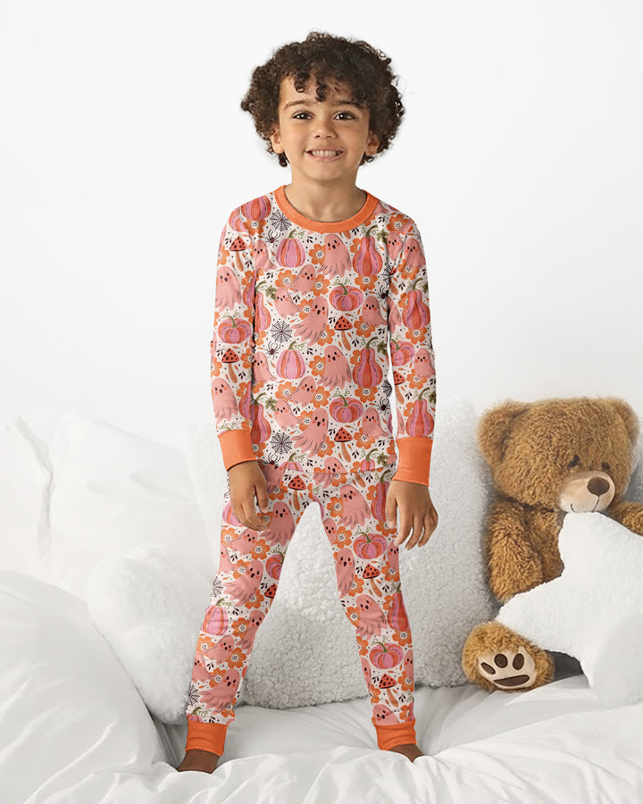 Pink Ghost Pumpkin Fall Floral Halloween Bamboo Two Piece Long Sleeve Pajama Set