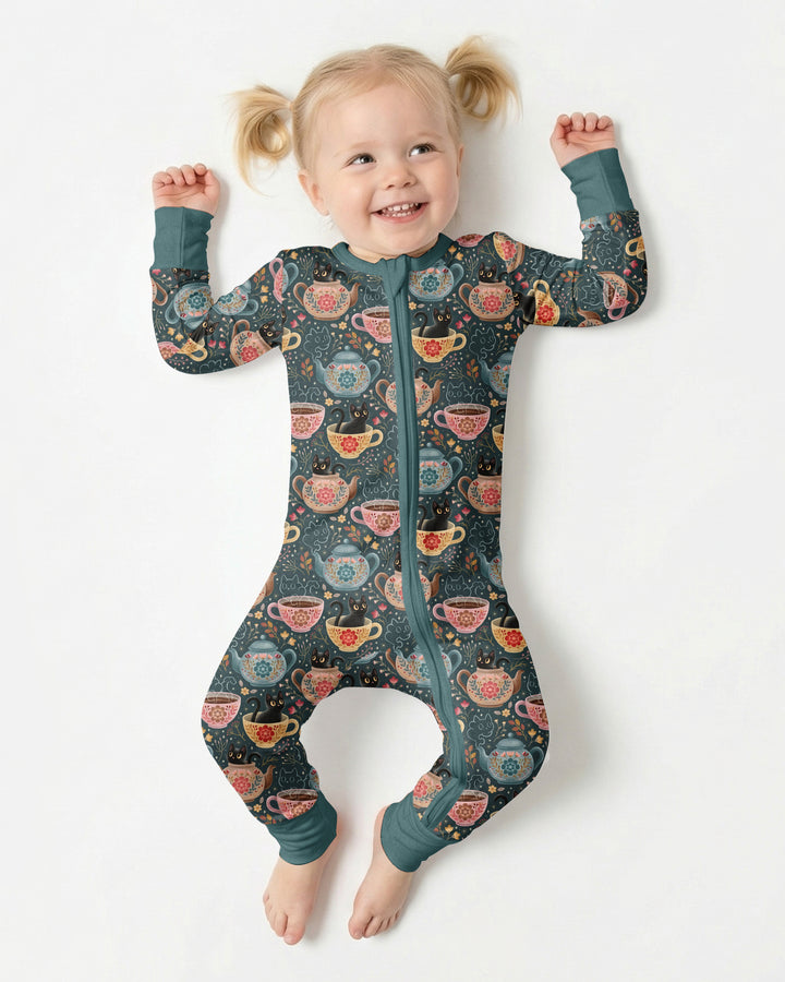 Folk Floral Black Cat Tea Party Bamboo Convertible Zippy