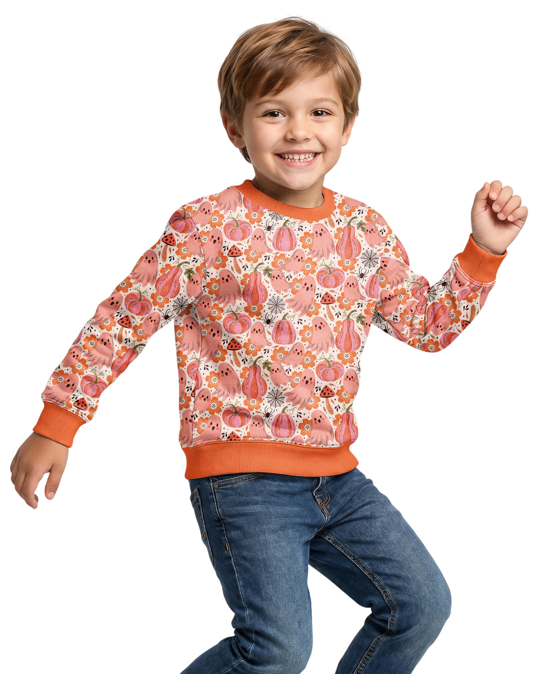 Pink Ghost Pumpkin Fall Floral Halloween Bamboo Crewneck Sweatshirt