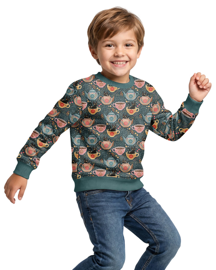 Folk Floral Black Cat Tea Party Bamboo Crewneck Sweatshirt