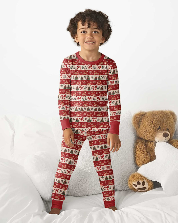 Vintage Reindeer Christmas Stripes Bamboo Two Piece Long Sleeve Pajama Set