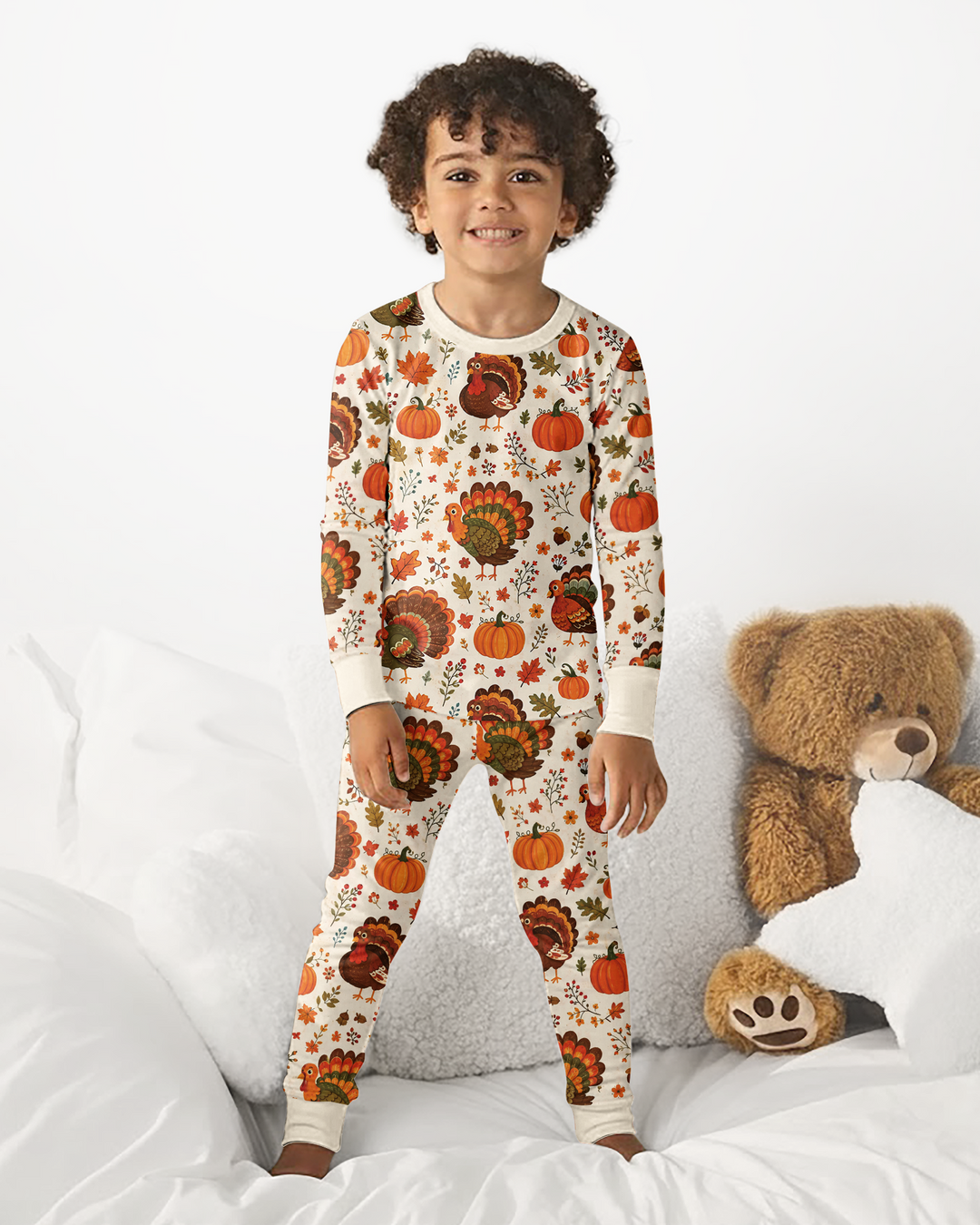 Turkey Autumn Pumpkin Bamboo Two Piece Long Sleeve Pajama Set