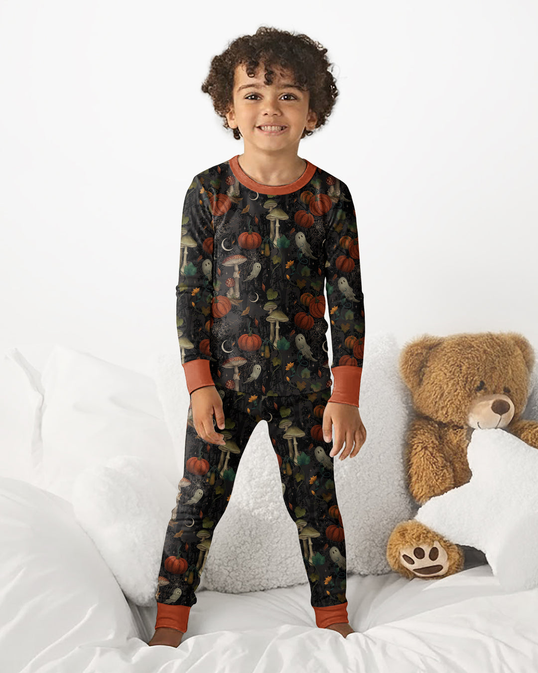 Spooky Cute Ghost Pumpkin Mushroom Halloween Bamboo Two Piece Long Sleeve Pajama Set
