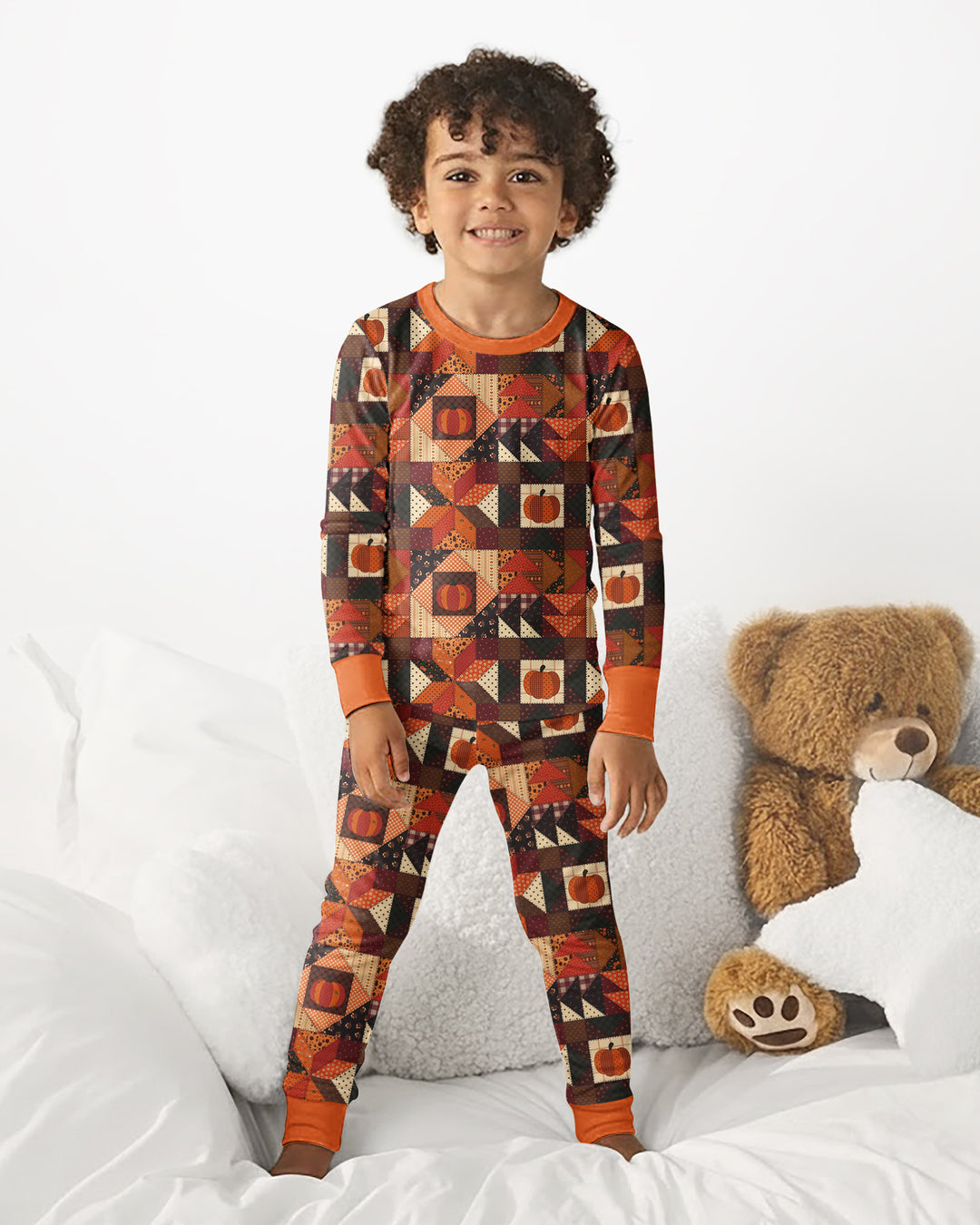 Vintage Pumpkin Patchwork Fall Bamboo Two Piece Long Sleeve Pajama Set