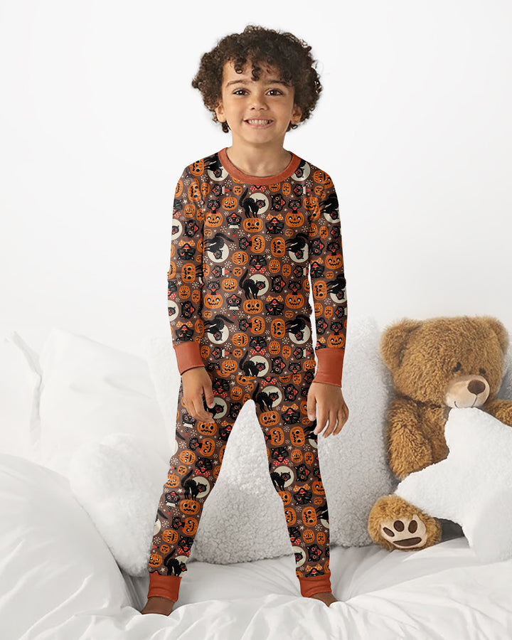 Vintage Halloween Black Cat Pumpkin Bamboo Two Piece Long Sleeve Pajama Set