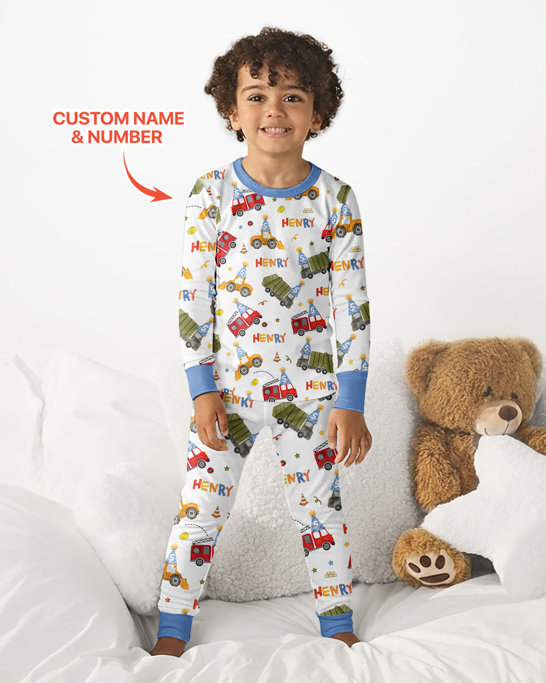 Personalized Birthday Trucks Bamboo Two Piece Long Sleeve Pajama Set