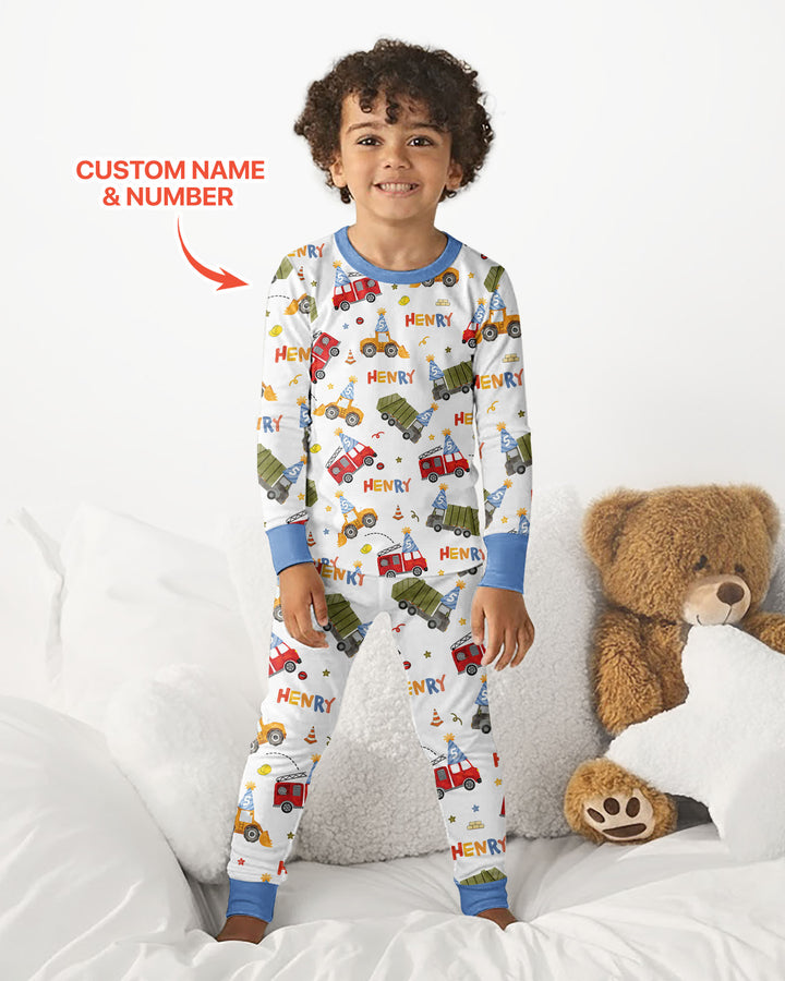 Personalized Birthday Trucks Bamboo Two Piece Long Sleeve Pajama Set