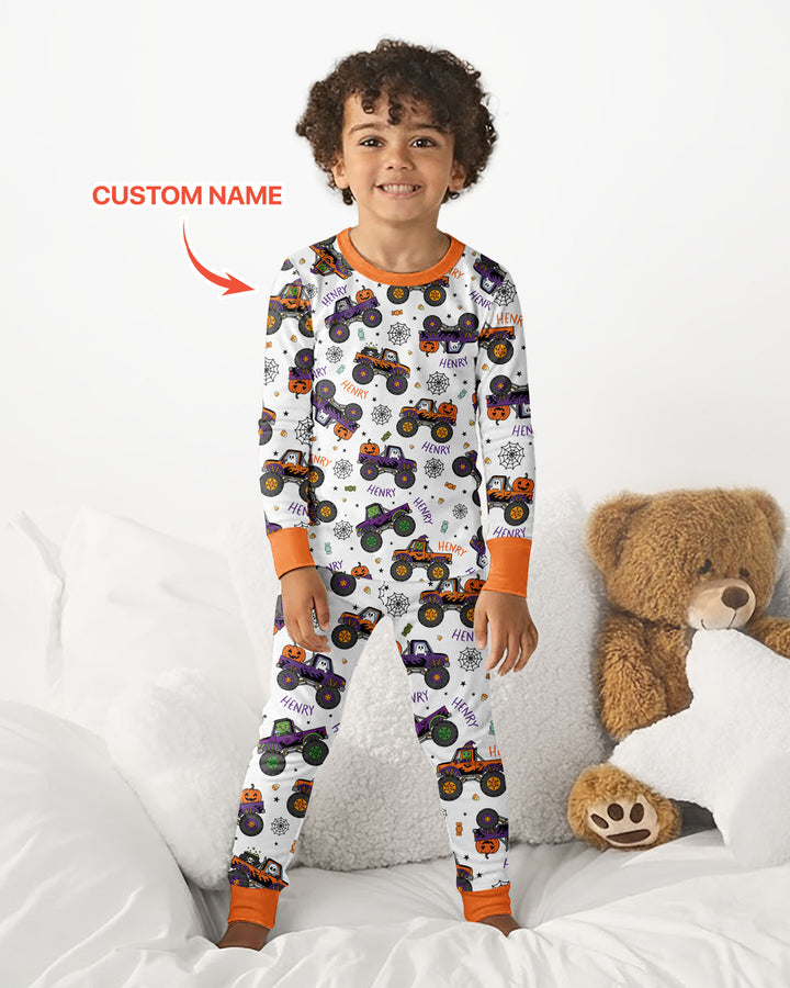 Custom Name Halloween Monster Truck Bamboo Two Piece Long Sleeve Pajama Set