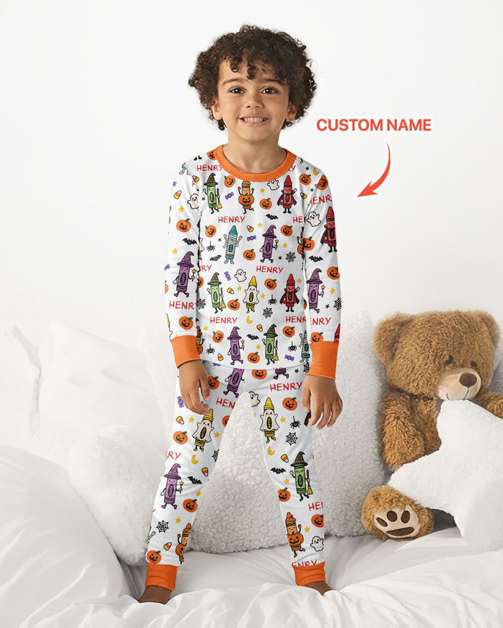 Custom Name Halloween Crayon Bamboo Two Piece Long Sleeve Pajama Set