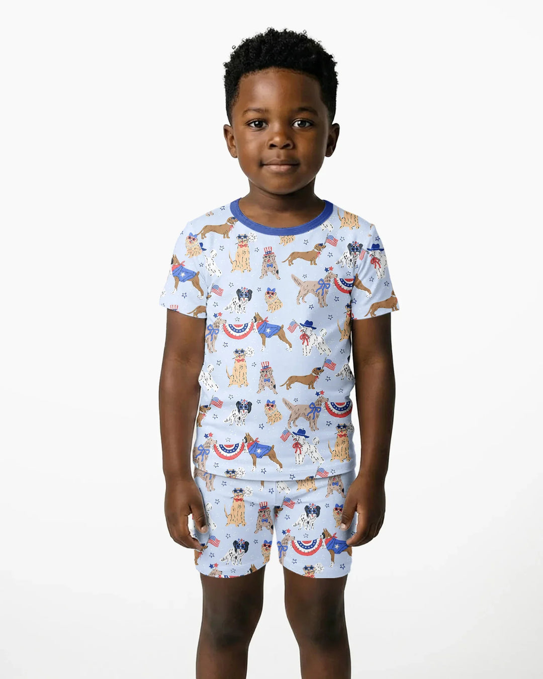 Conjunto de pijama de dos piezas de bambú a juego para la familia, con estampado de "Patriotic Pups", de manga corta y pantalón corto