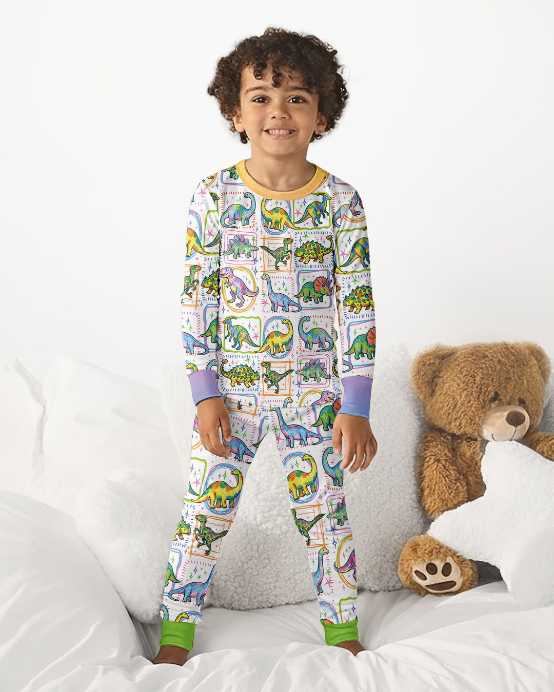 Dinosaur Colorful Stamps Bamboo Two Piece Long Sleeve Pajama Set