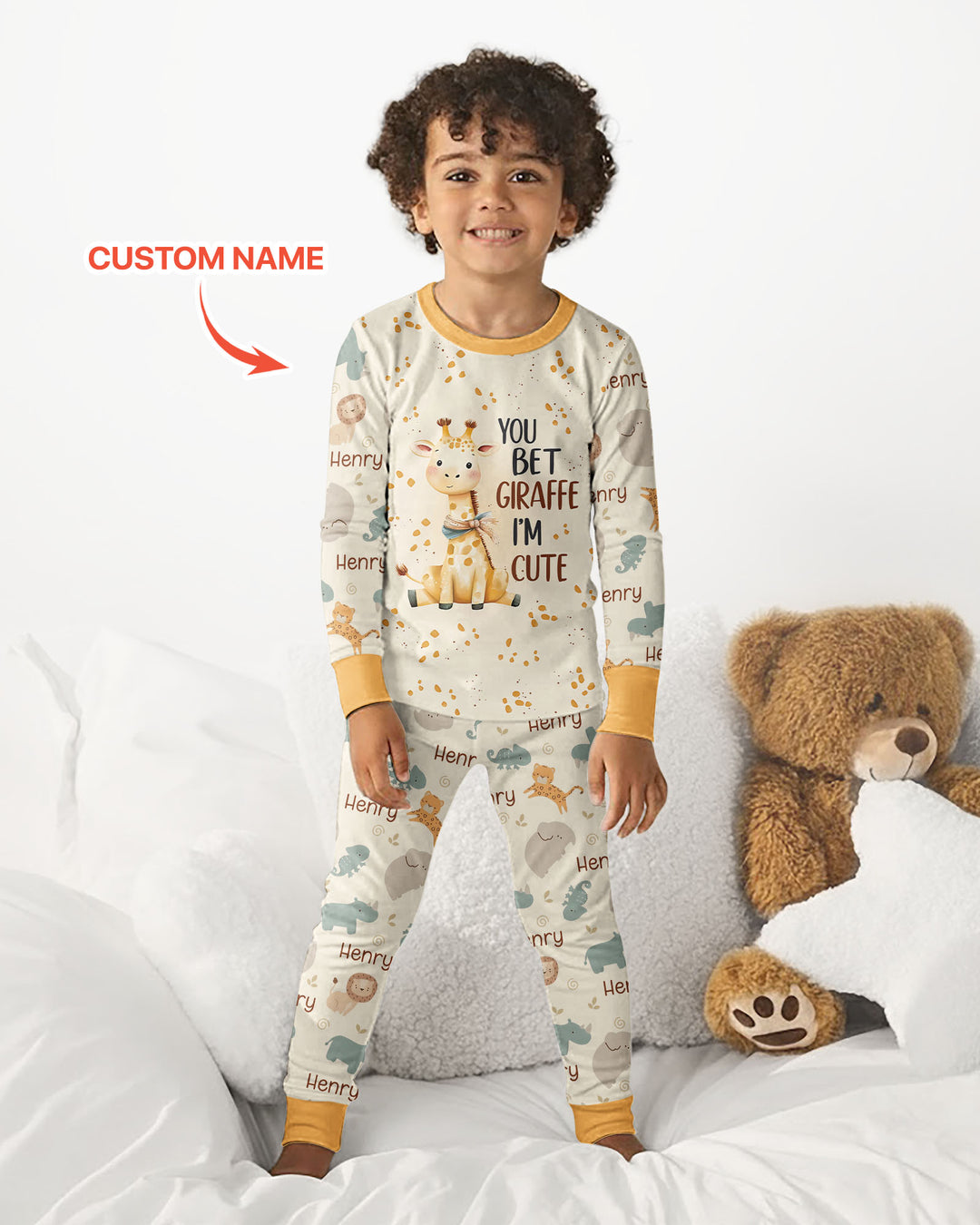 You Bet Giraffe I'm Cute Custom Name Bamboo Two Piece Long Sleeve Pajama Set