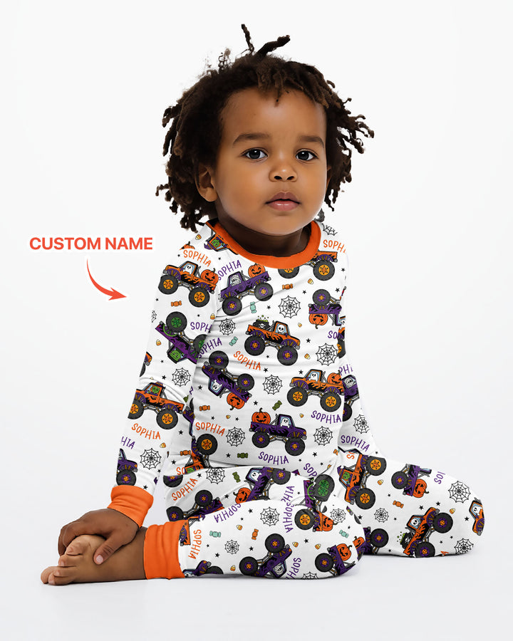 Custom Name Halloween Monster Truck Bamboo Two Piece Long Sleeve Pajama Set