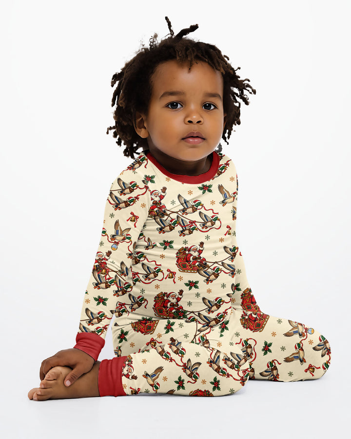 Santa Sleigh with Mallard Ducks Bamboo Two Piece Long Sleeve Pajama Set