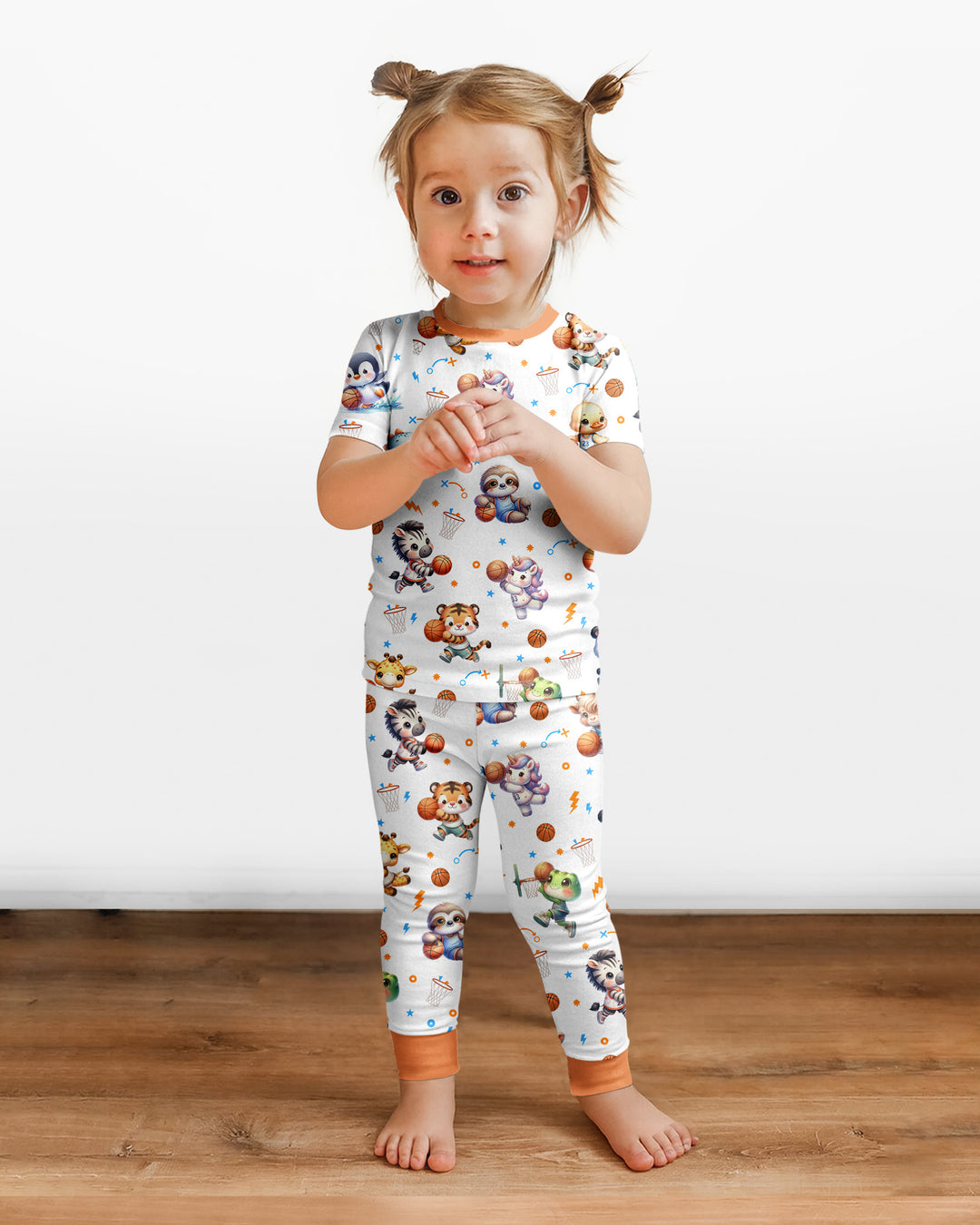 Cartoon Basketball Animals Bamboo Two Piece Short Sleeve Pajama Set