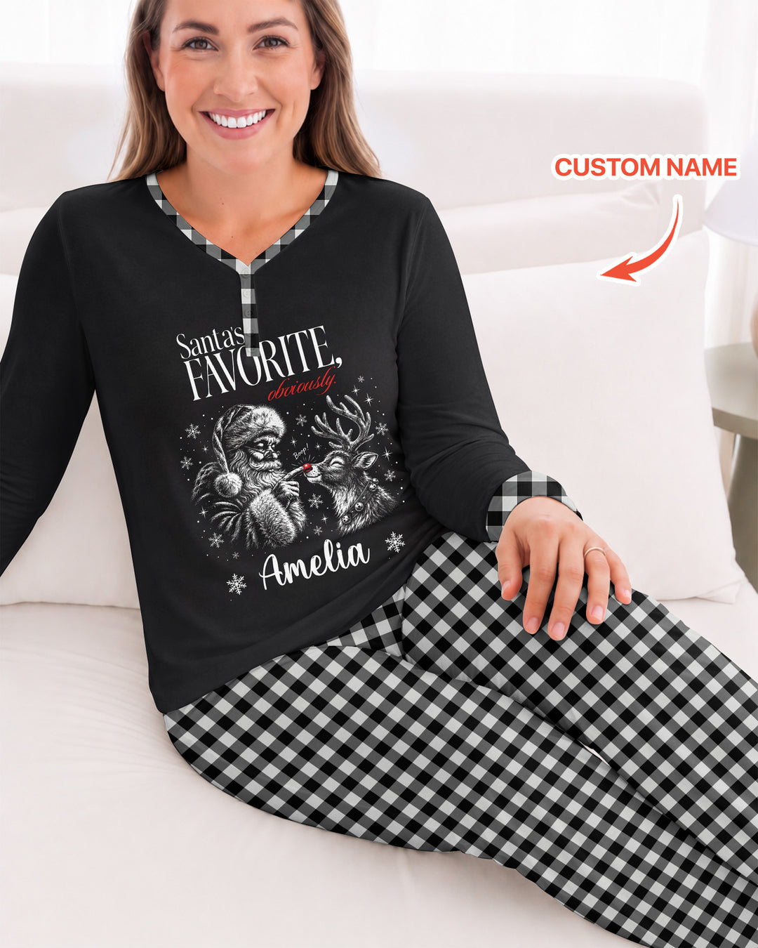 Custom Name Santa's Favorite Buffalo Plaid Bamboo Women Pajama Set