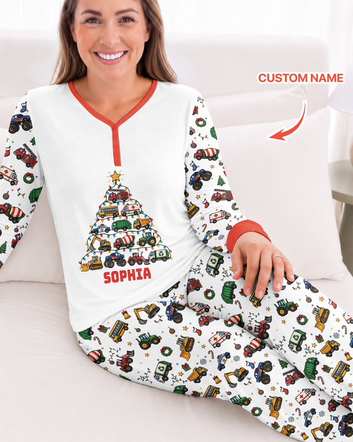 Custom Name Little Trucks Christmas Tree Bamboo Women Pajama Set