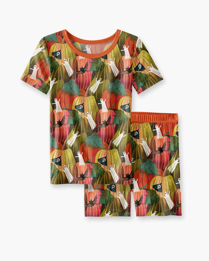 Big Pumpkin Field With Ghosts Bamboo Two Piece Short Sleeve Shorts Pajama Set