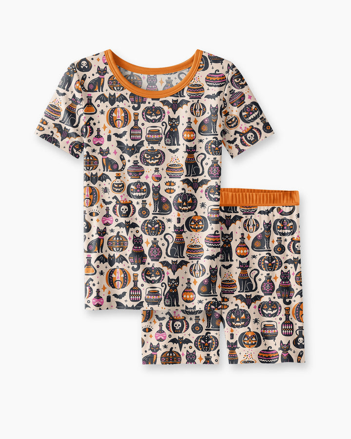 Whimsical Tribal Retro Halloween Black Cats Pumpkins Bamboo Two Piece Short Sleeve Shorts Pajama Set
