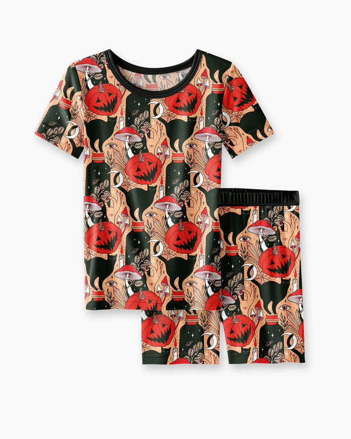 Black Cat And Pumpkin Halloween Bamboo Two Piece Short Sleeve Shorts Pajama Set