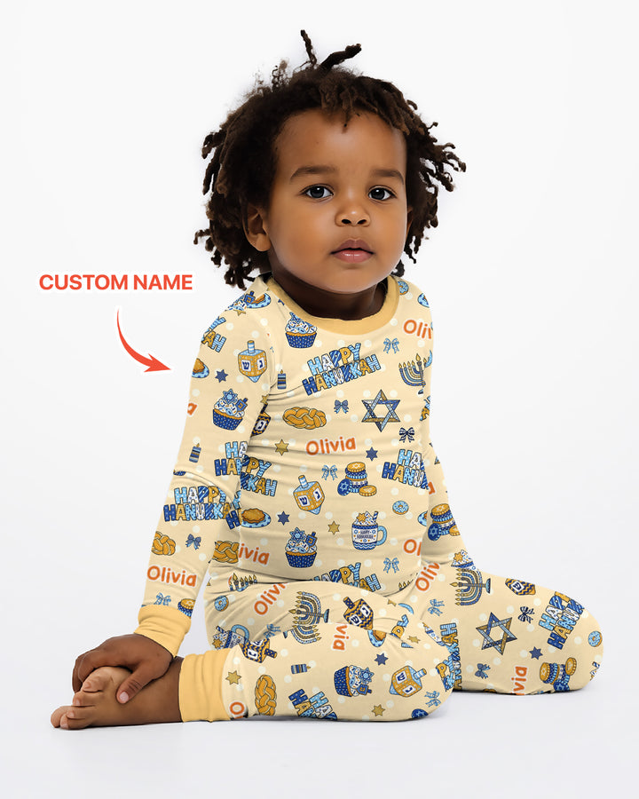 Custom Name Jewish Holiday Bamboo Two Piece Long Sleeve Pajama Set