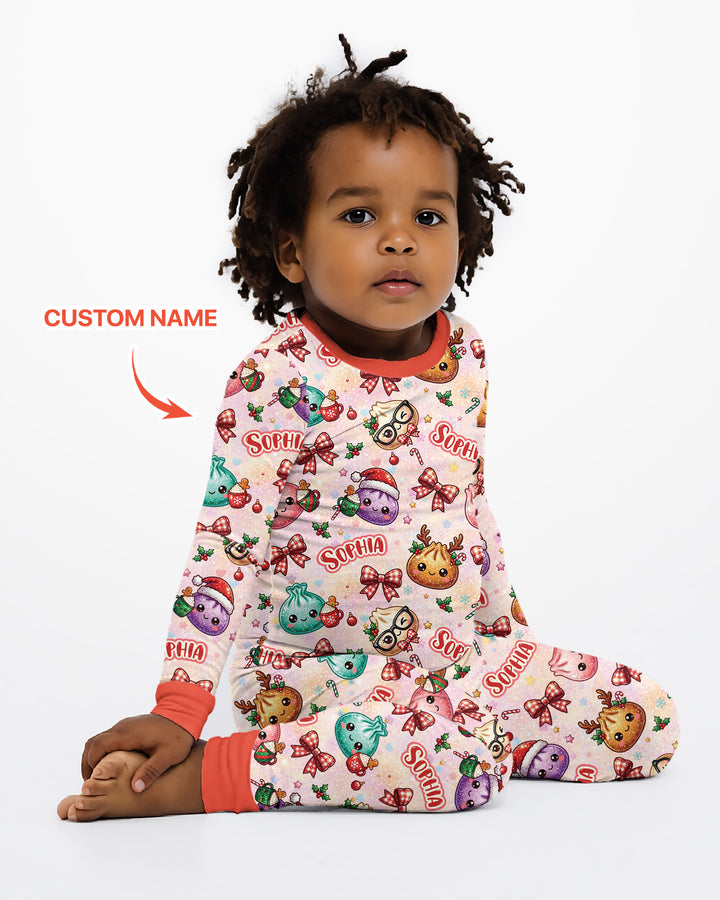Custom Name Merry Christmas Dumpling Bamboo Two Piece Long Sleeve Pajama Set