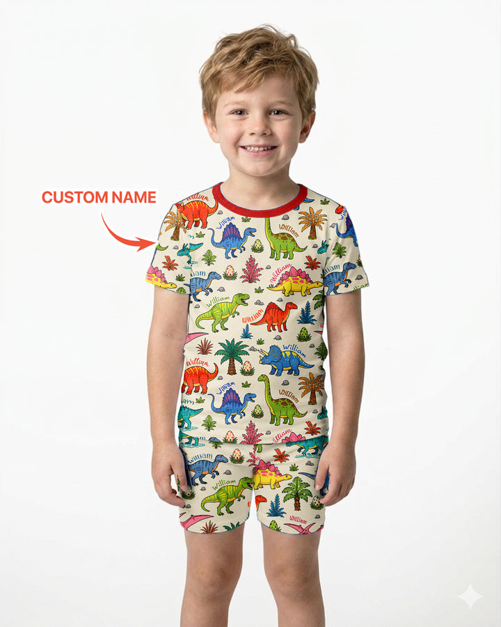 Dino Field Guide Custom Name Bamboo Two Piece Short Sleeve Shorts Pajama Set