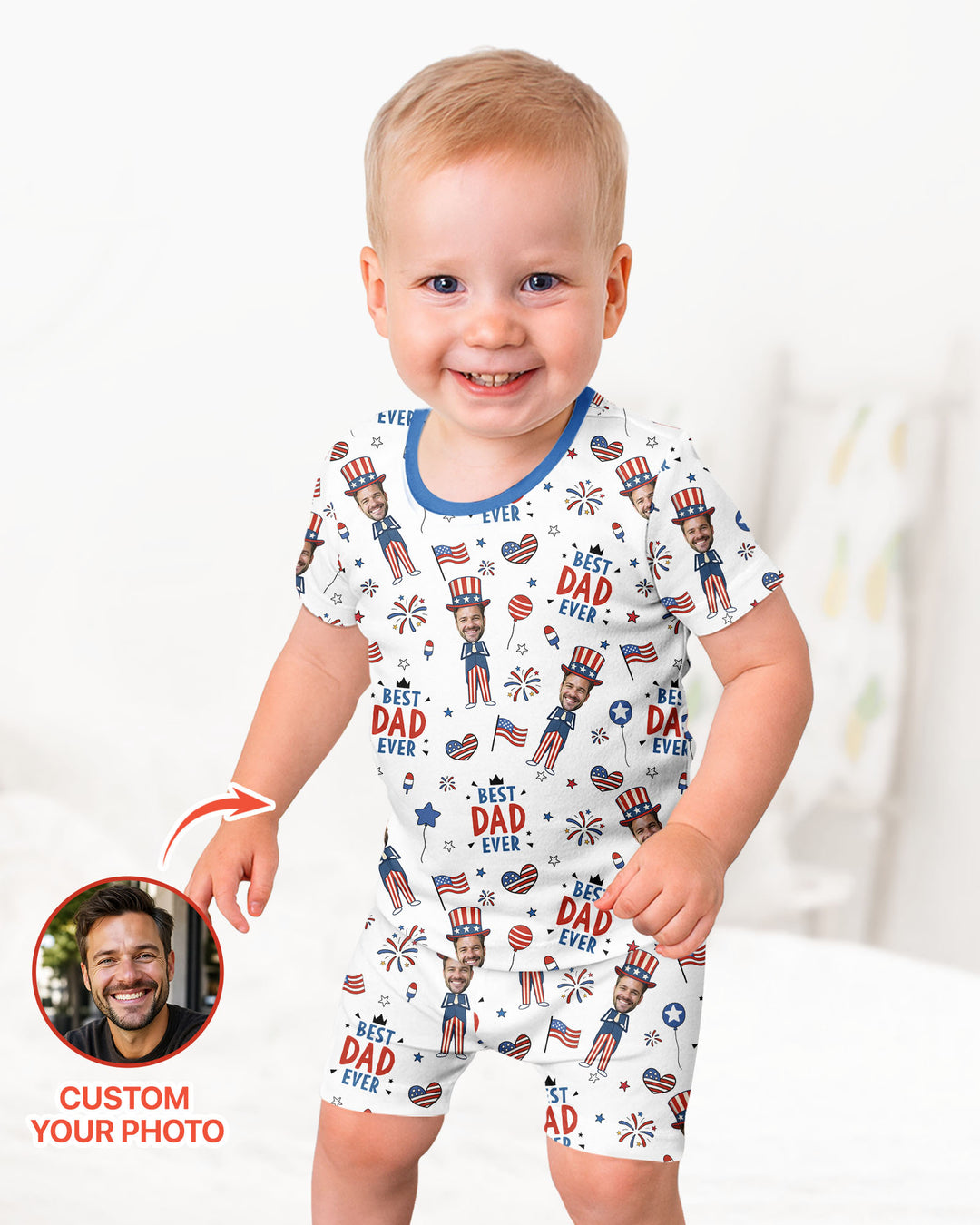 Custom Photo Best Patriotic Family Ever Bamboo Two Piece Short Sleeve Shorts Pajama Set