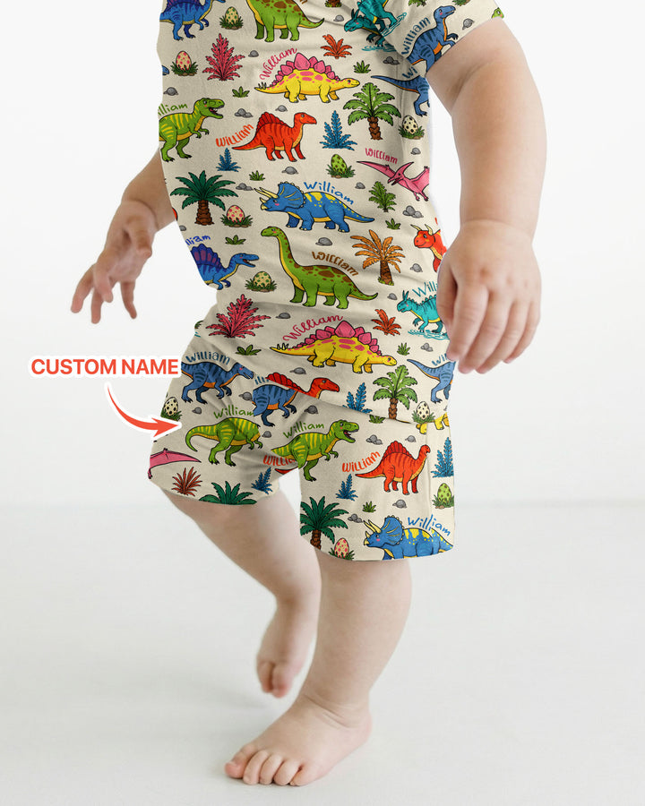Dino Field Guide Custom Name Bamboo Two Piece Short Sleeve Shorts Pajama Set