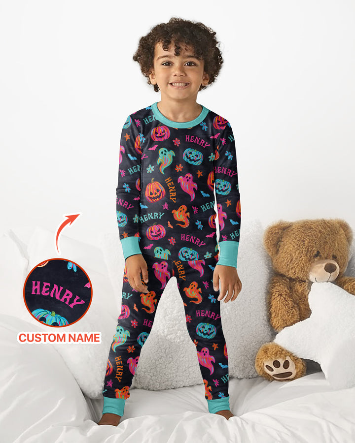 Custom Name Preppy Neon Pumpkin Bamboo Two Piece Long Sleeve Pajama Set