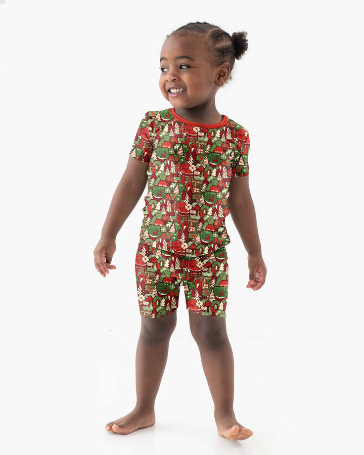 Christmas Time Mosaic Bamboo Two Piece Short Sleeve Shorts Pajama Set